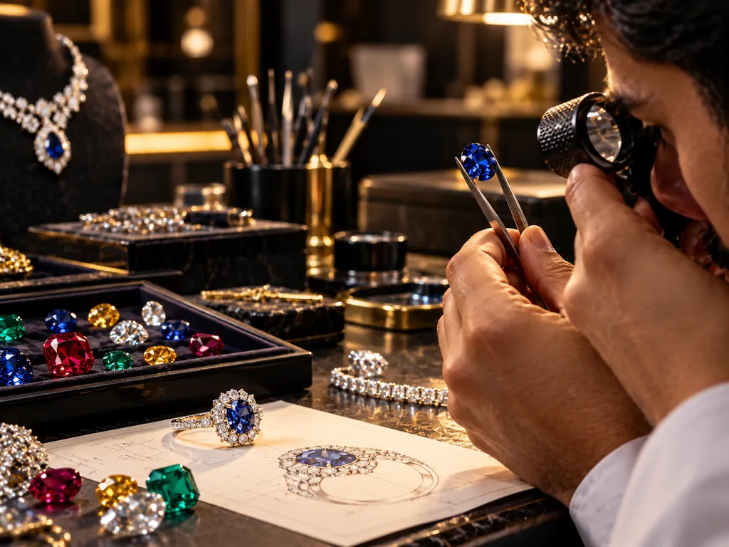 A gemmologist inspecting a sapphire through a loupe
