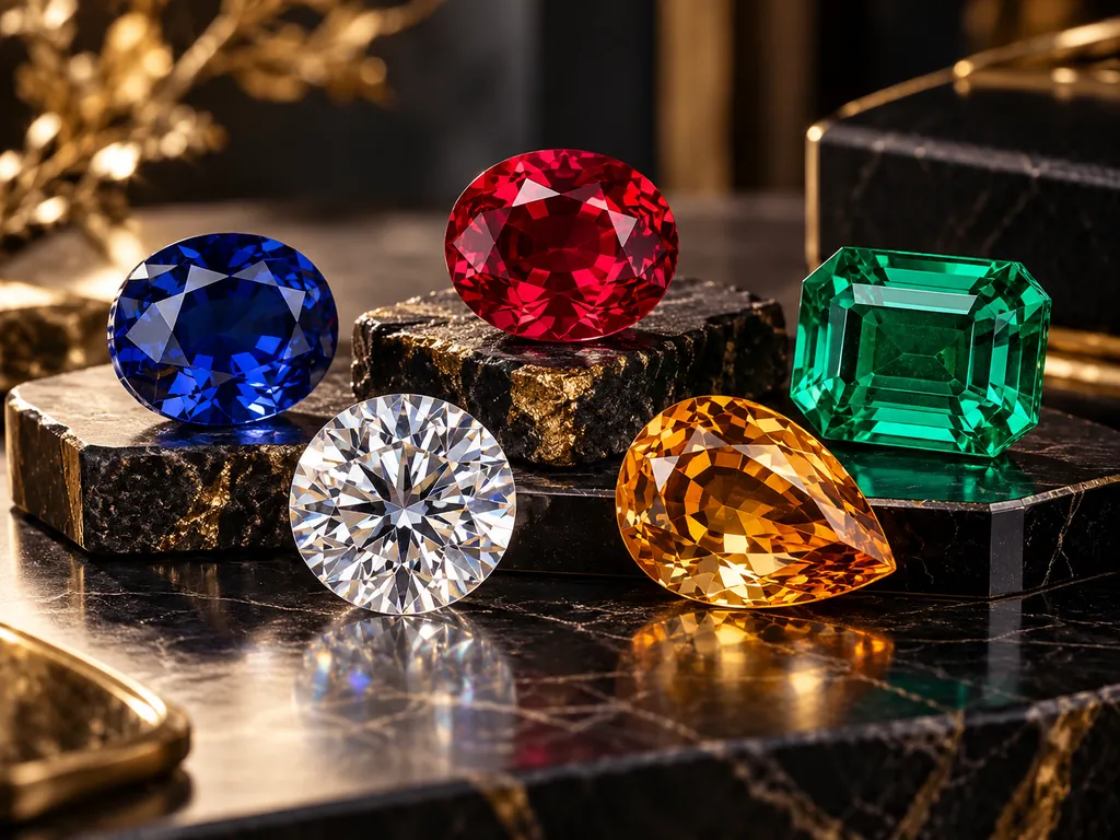 Loose sapphire, ruby, emerald, diamond and topaz on black marble