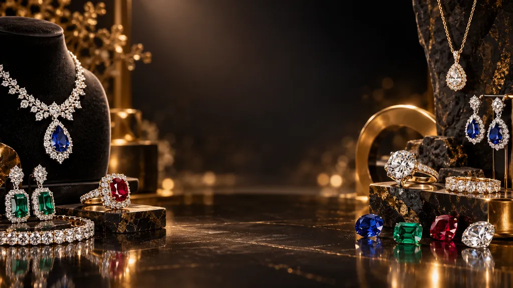 Sapphire, ruby and emerald jewellery with diamonds on dark marble