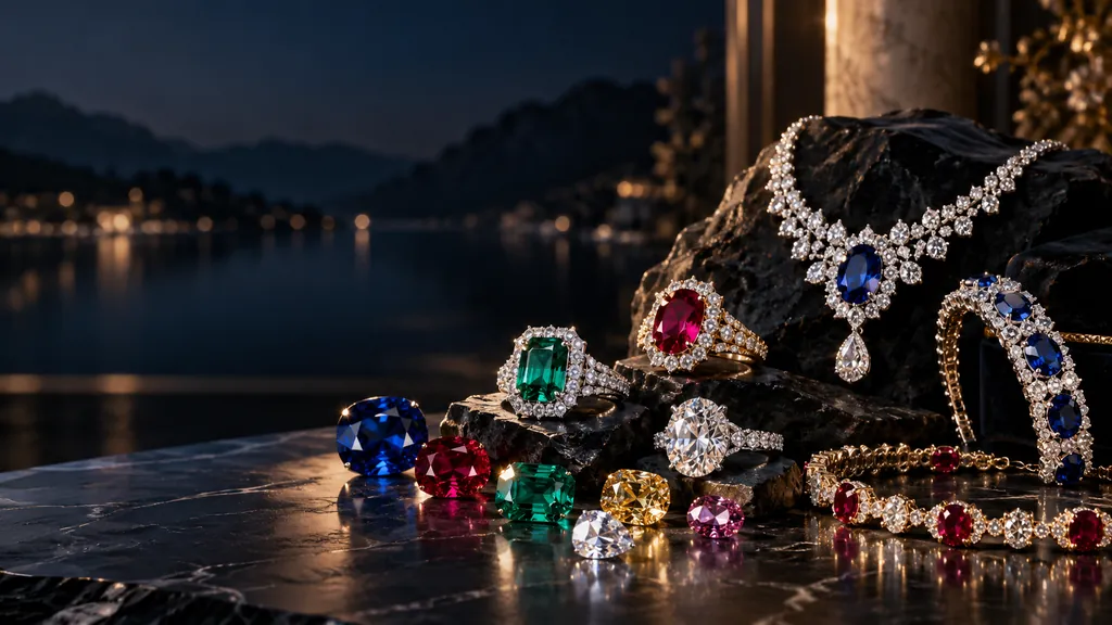 Sapphire, emerald and ruby rings and a diamond necklace at dusk